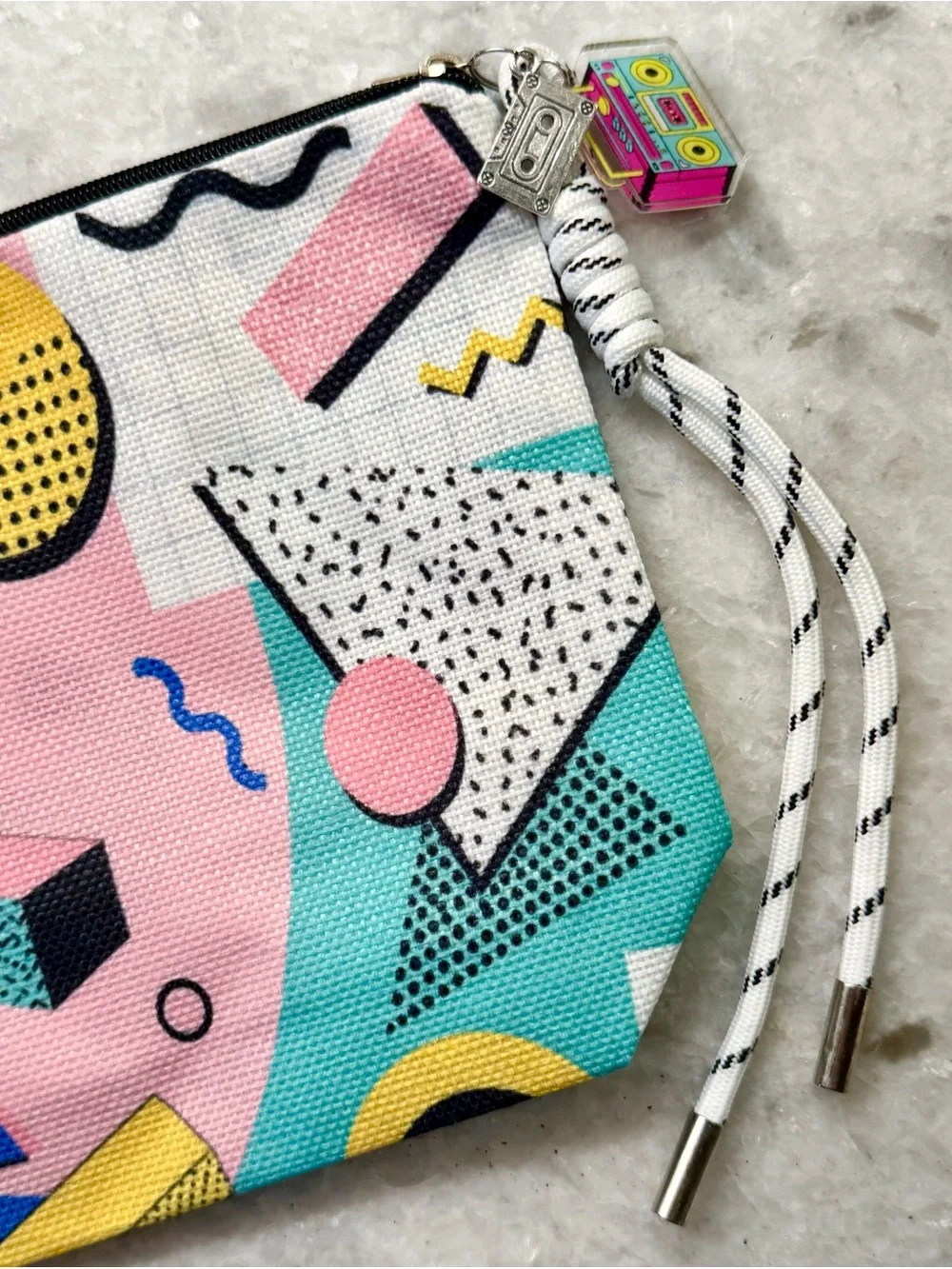New Geometric Retro 80s Style Zippered Makeup Bag w/ Cassette & Boombox Charms